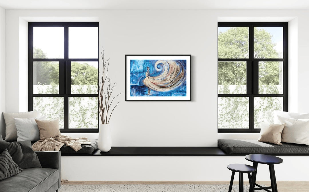 A modern black and white decor features the painting whirlwind of Elegance, a ballet dancer with flowing dress like a peahen.