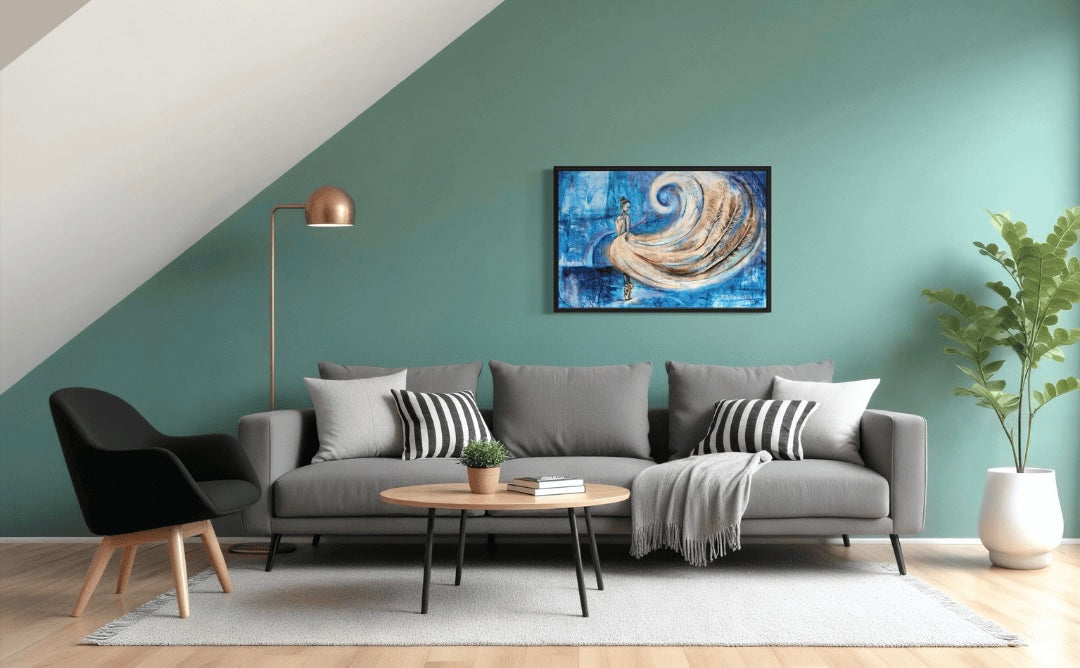 A lounge room or waiting area under the stairs features a green wall with grey couch and a painting labeled Whirlwind of Elegance framed in black. An abstract dancer painting with blues and gold.