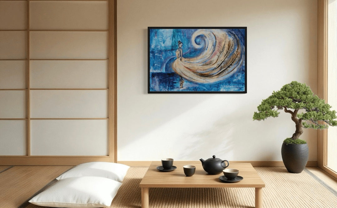 A japanese scene with low table, pillows and bonsai features the painting "Whirlwind of Elegance" an abstract dancer painting in blues and gold with real features.