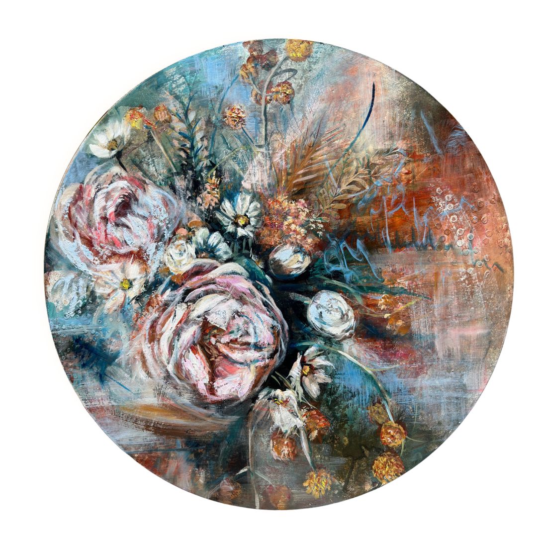 Round painting of flowers with a textured background