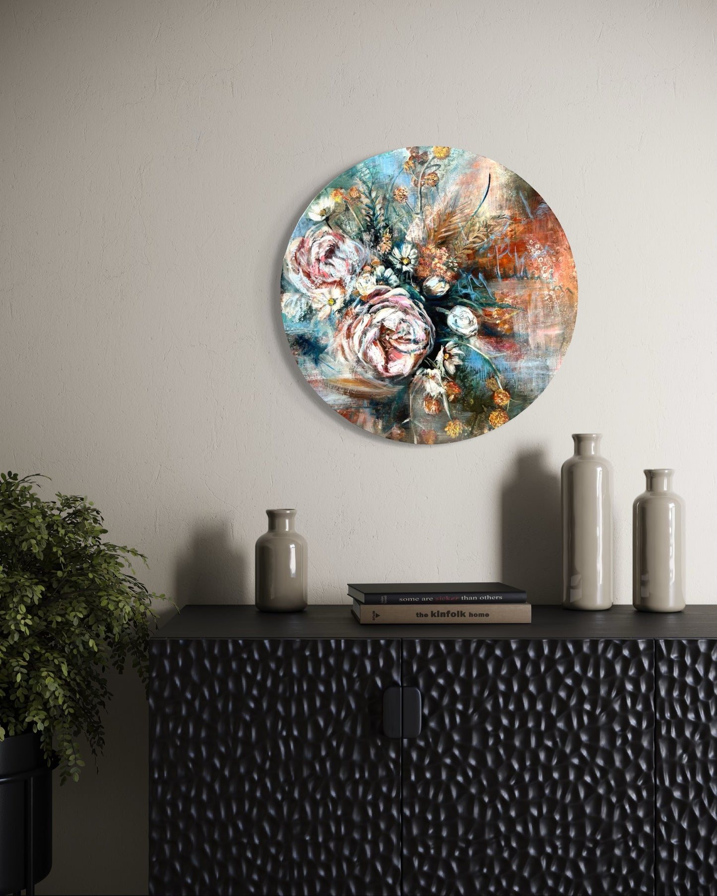 Decorative circular wall art piece with floral design on a neutral background