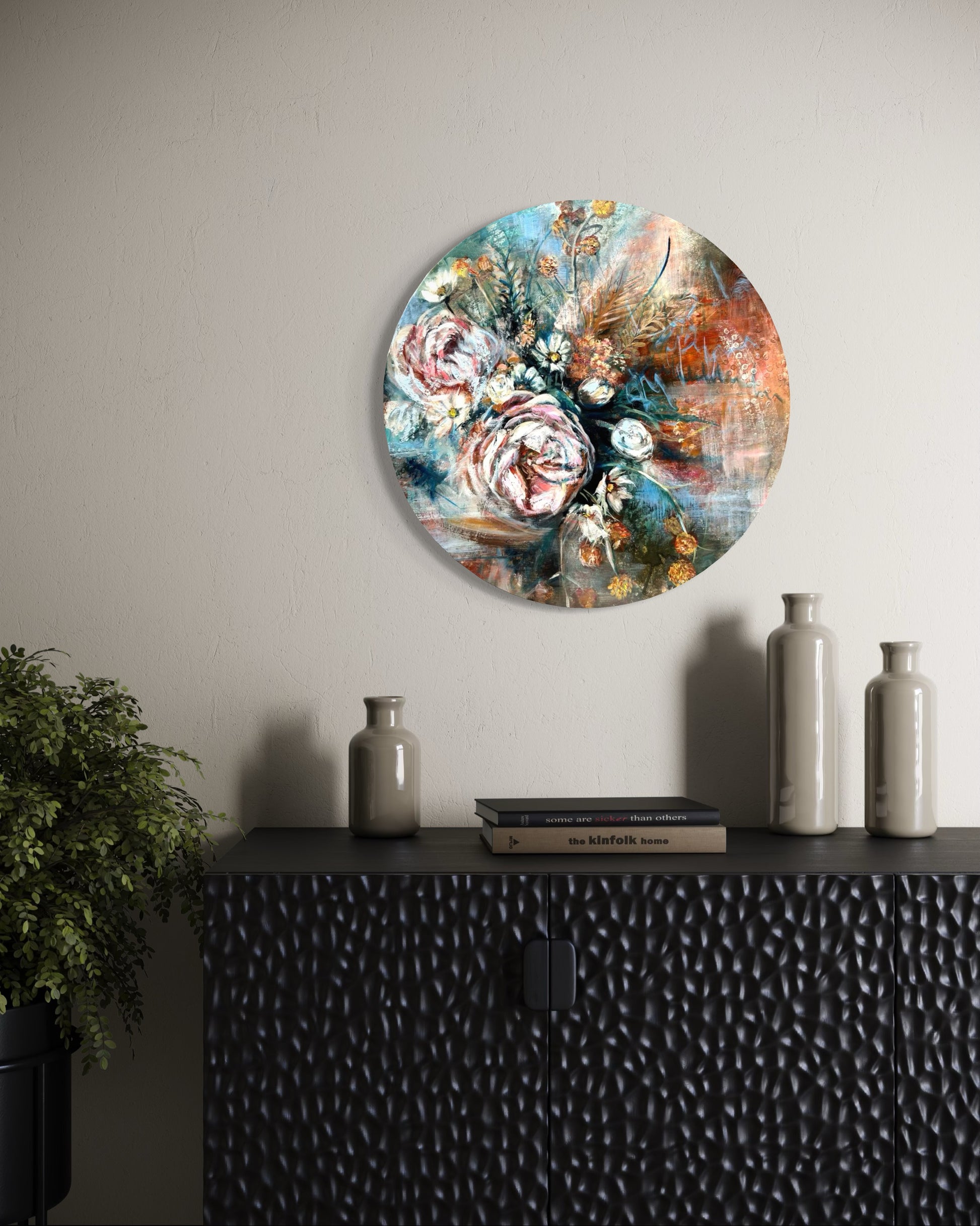 Decorative circular wall art piece with floral design on a neutral background