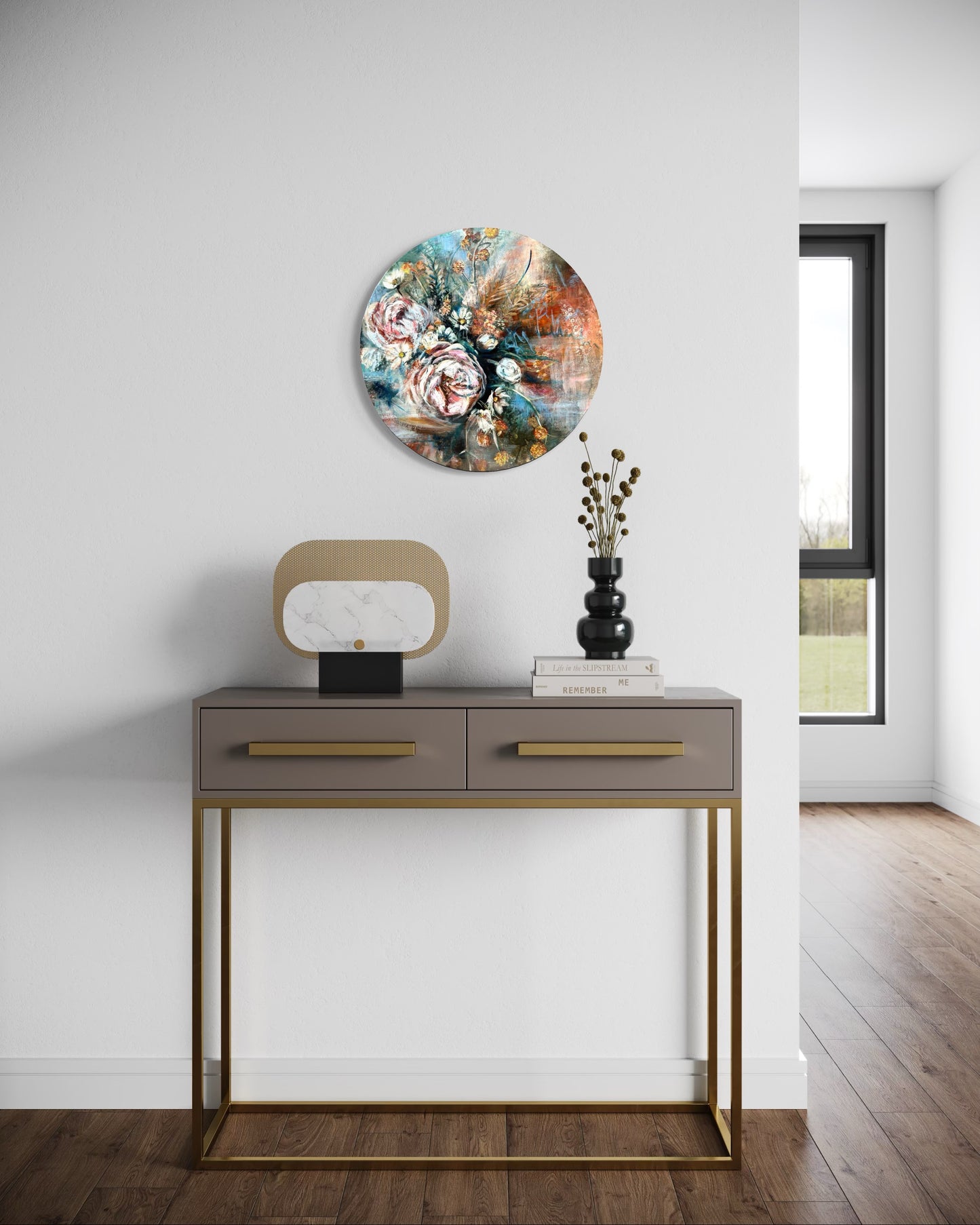 Console table with decorative items against a white wall