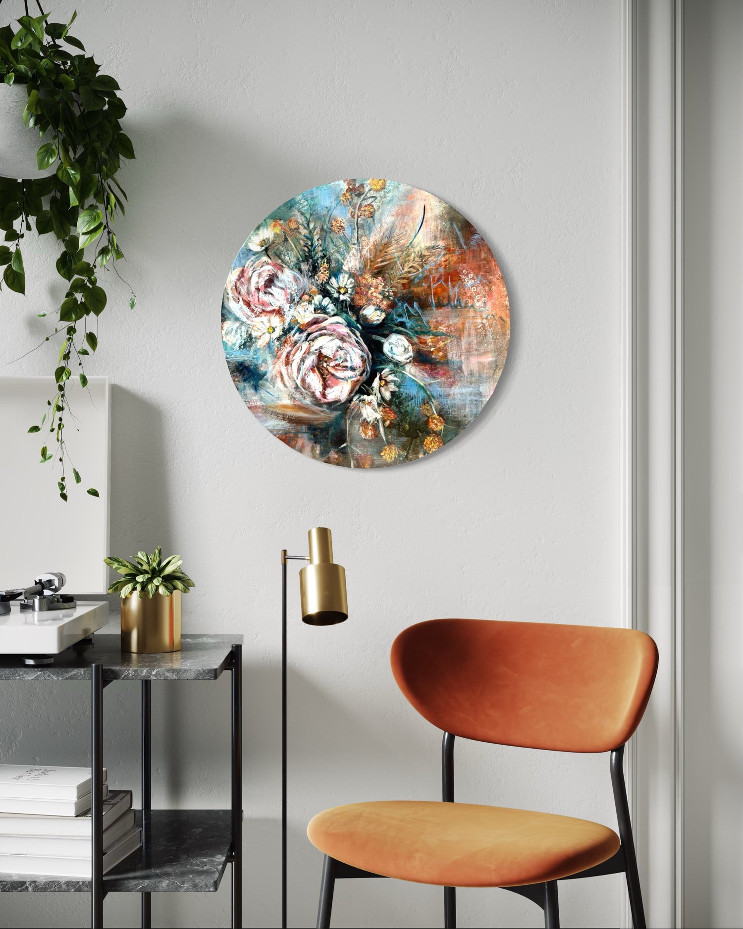 Decorative wall piece with floral design in a modern interior setting.