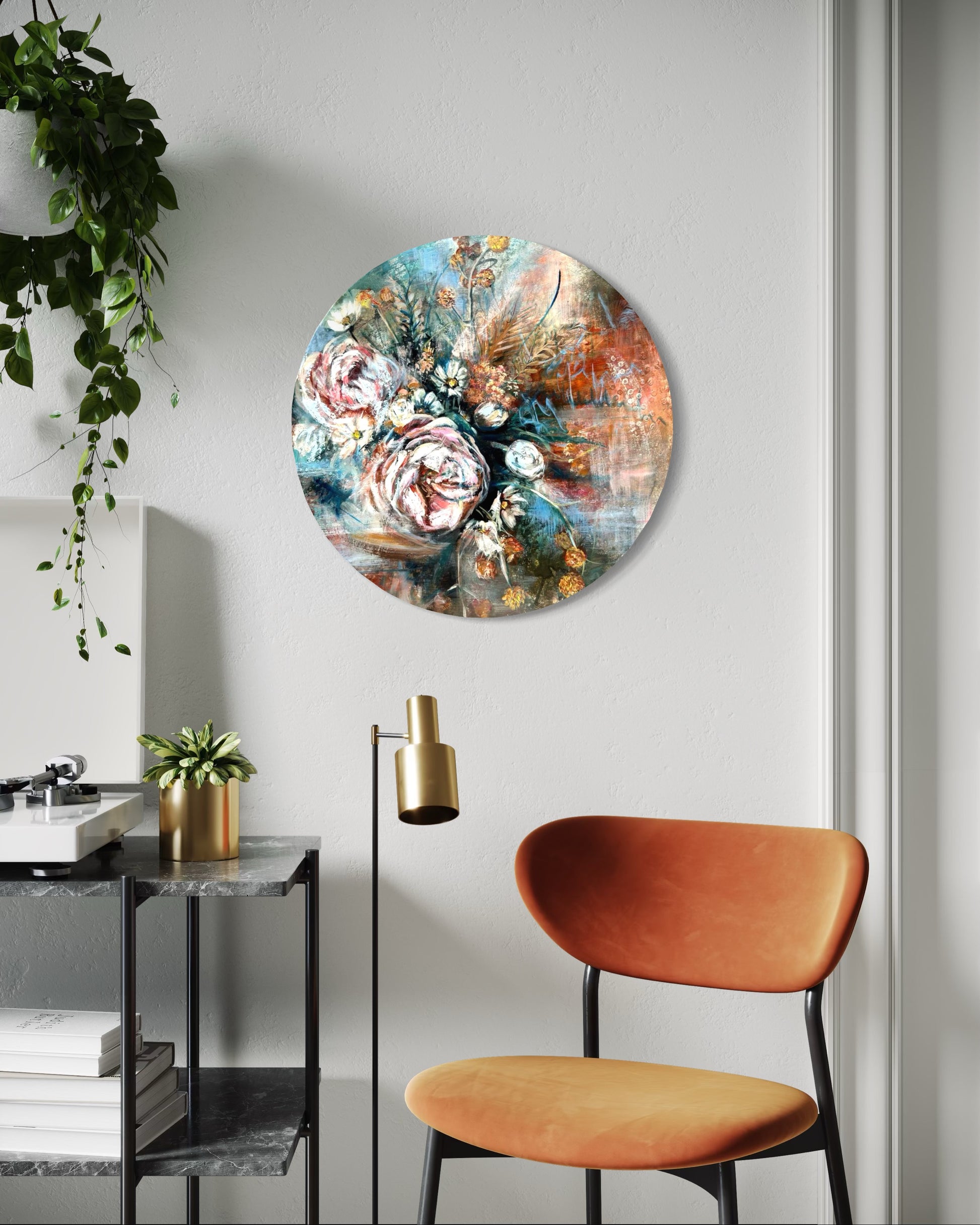 Decorative wall piece with floral design in a modern interior setting.
