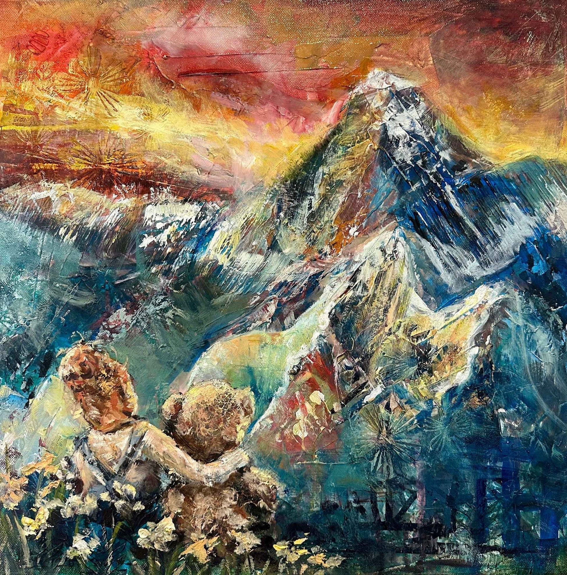 A mixed media artwork depicting a child and their teddy bear at the edge of the world, with mountains in the background and a colorful sky.