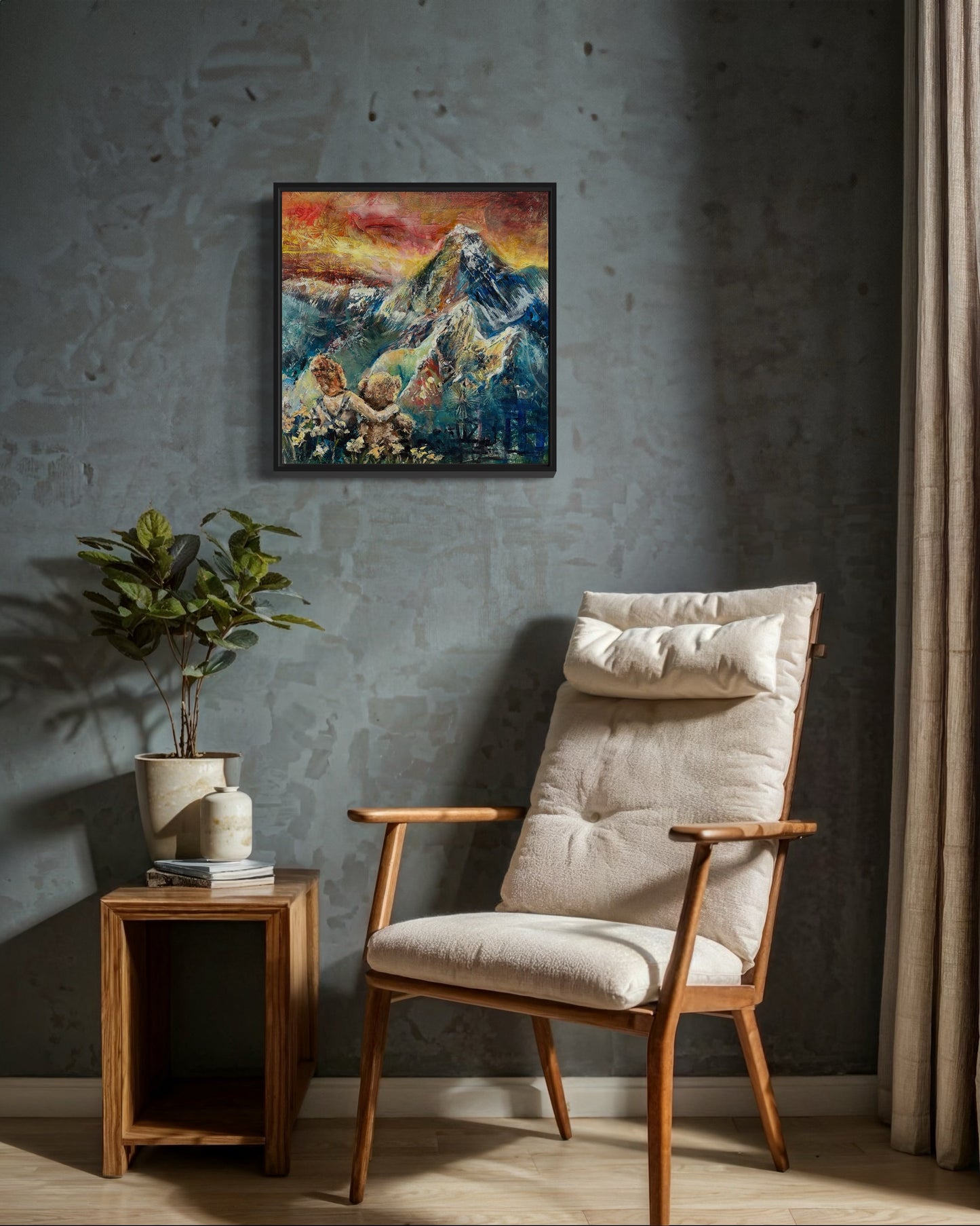 Beige armchair with wooden frame in a room with a textured gray wall, a plant, and a colorful abstract painting. A mixed media artwork depicting a child and their teddy bear at the edge of the world, with mountains in the background and a colorful sky.